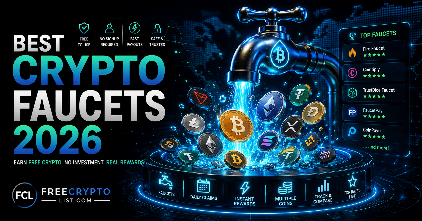 Crypto faucet tap dispensing Bitcoin, Ethereum, Litecoin, Dogecoin, and other coins into a pool, with a ranked list of top crypto faucets and icons for free use, fast payouts, and safety