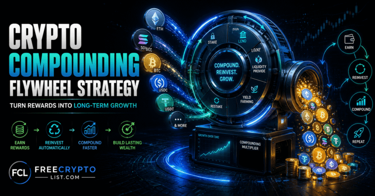 Crypto compounding flywheel illustration — ETH, SOL, BTC, USDC, and USDT coins feeding a machine labeled stake, lend, liquidity provide, and yield farming, next to an earn, reinvest, compound, repeat cycle