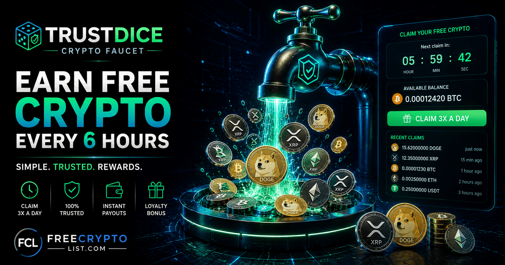 TrustDice Coinbox faucet interface with a crypto tap dispensing Dogecoin, XRP, Bitcoin, and Ethereum coins into a claim pool, next to a 6-hour claim countdown timer and recent claims list