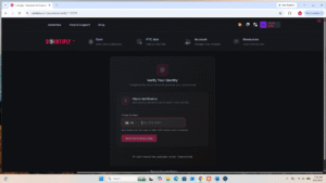 Cointiply identity verification page requesting a phone number for SMS code confirmation