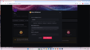 Cointiply Bitcoin withdrawal form with amount and wallet address fields