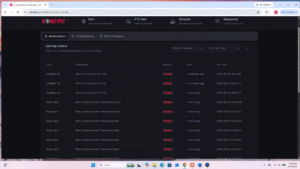 Cointiply Earning History log showing PTC ad clicks and bonus spin rewards