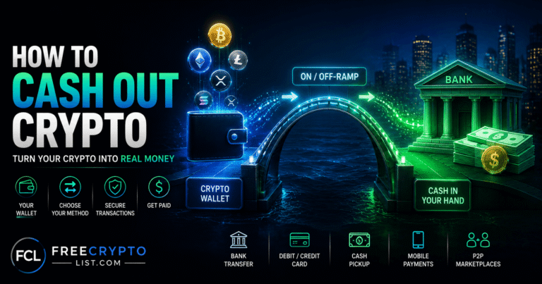 Bridge connecting a crypto wallet to a bank building, illustrating how to cash out crypto and convert it into real money